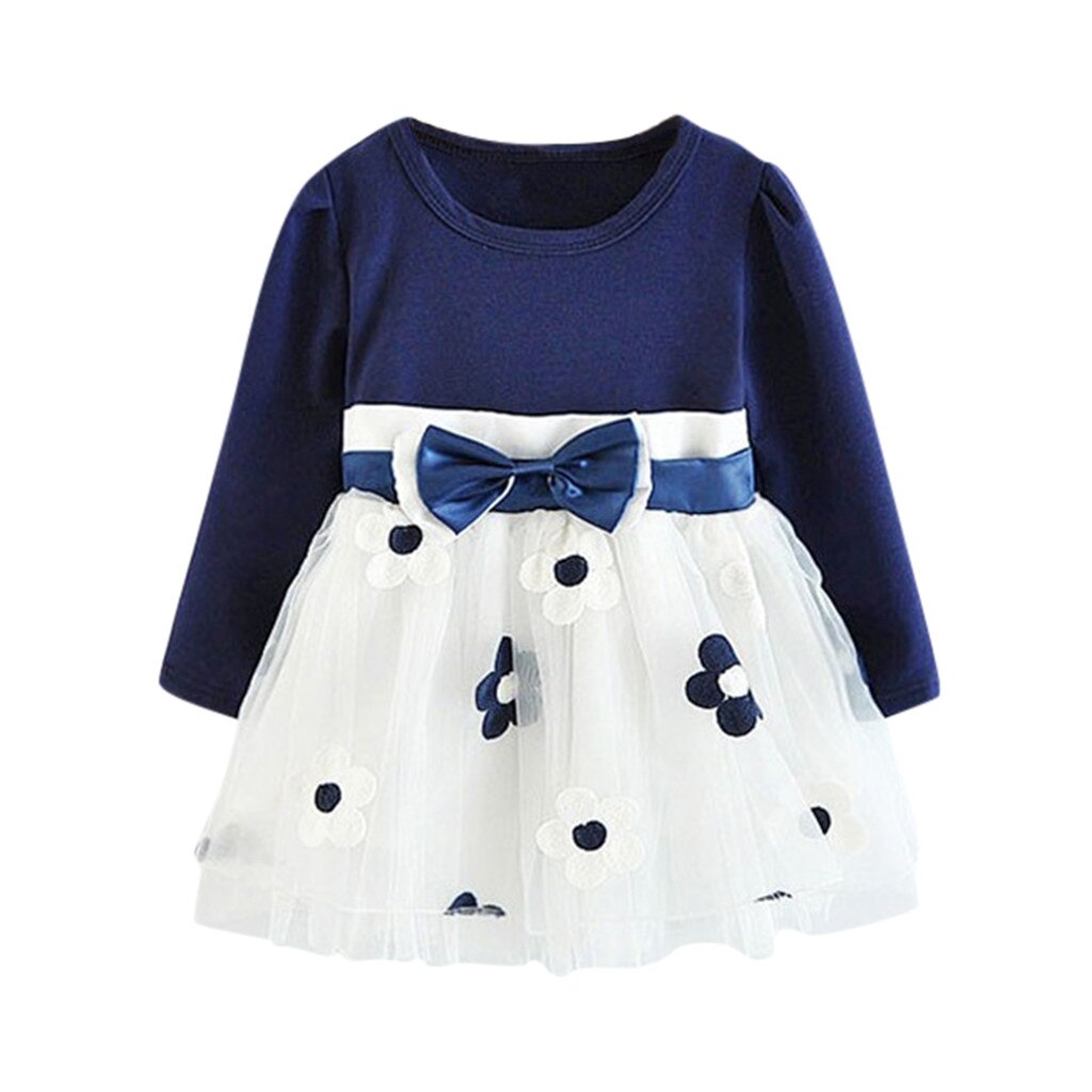Autumn Newborn Infant Baby Dress Cotton Dress Toddler Kids Baby Girls Long Sleeve Tulle Patchwork Flower Bow Dresses Clothes: Blue / 2T