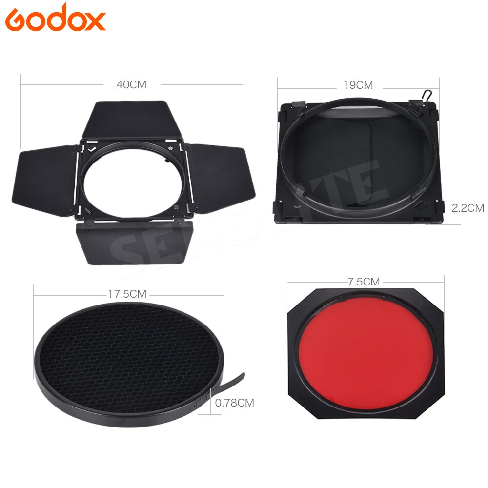 Godox BD-04 Bowens Mount grange porte avec grille nid d'abeille + 4 Kits de filtres de couleur pour SK400ii DE400 DE300 QS400 QS60 Studio Flash