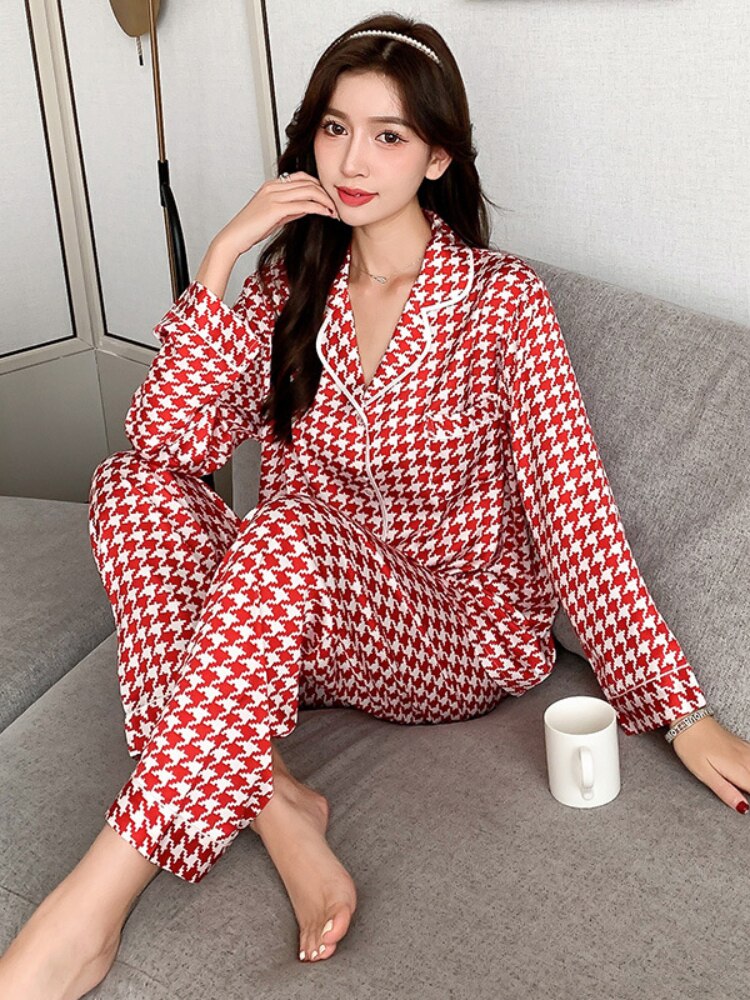 QWEEK Houndstooth Pajamas Women Silk Autumn Pijama Casual Sleepwear Bedroom Set Piece Loungewear Pyjamas Long Sleeve Pjs: Red / XL