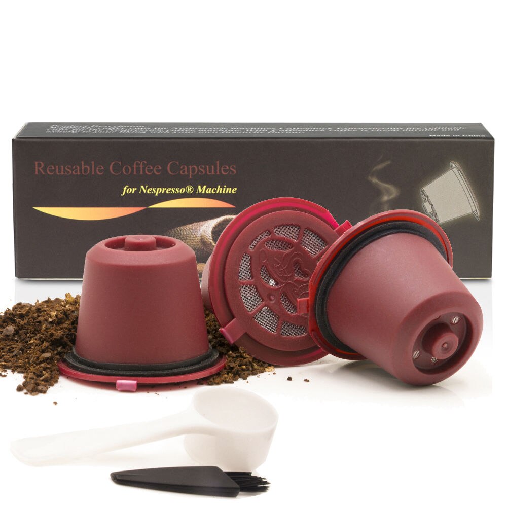 Reusable Refillable Coffee Capsule Plastic Coffee Filters Pod For Nespresso Refill Coffee Capsule Filters With Spoon Brush: 3pcs Red