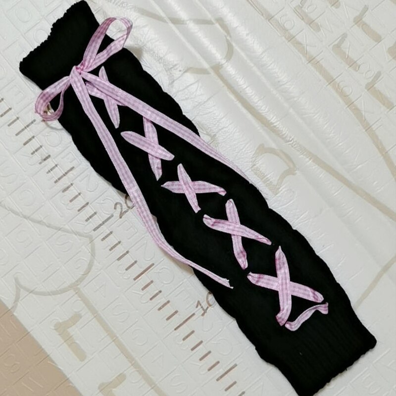 Calentador de piernas para niña, calcetín de calle Hipster a rayas con cordón, lazo Jk, para otoño e invierno,: black(pink ribbon)