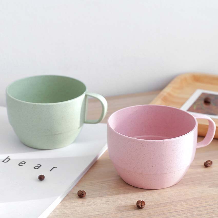 Tasse créative en paille de blé 250ml, 2 pièces, tasse à café, lait, petit déjeuner, joli, idée de pour les bébés et les enfants: 1 Pink and 1 Green