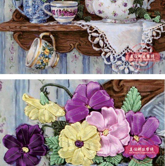 3D rose flowers Ribbon embroidery painting sets handcraft embroidery circle DIY handmade needlework wall art decor