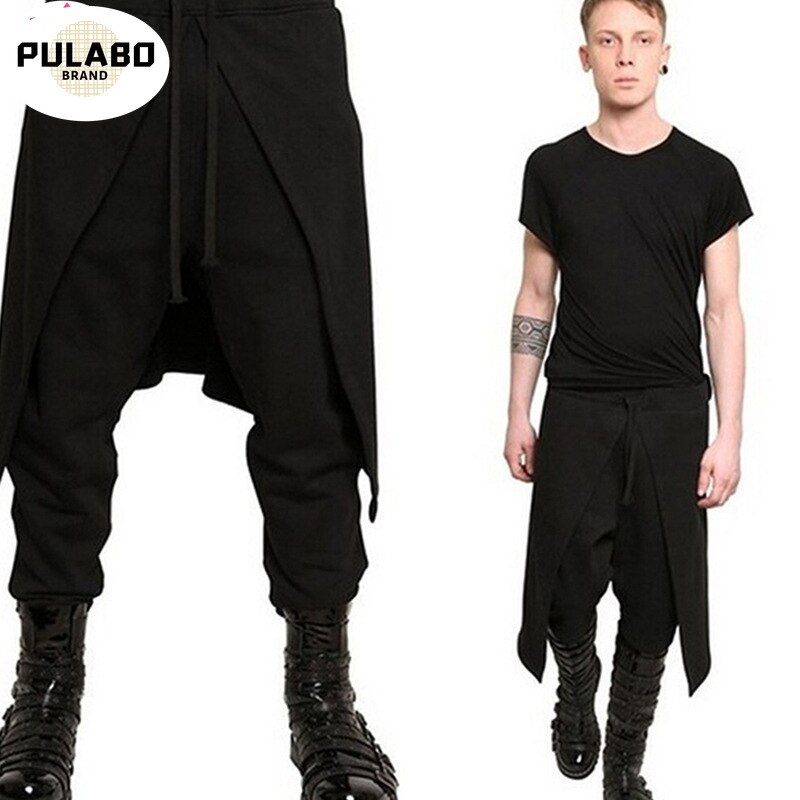 Pulabo coole heren gothic punk stijl harem broek zwarte hiphop streetwear skinny jurk rok broek broek nep twee stukken set