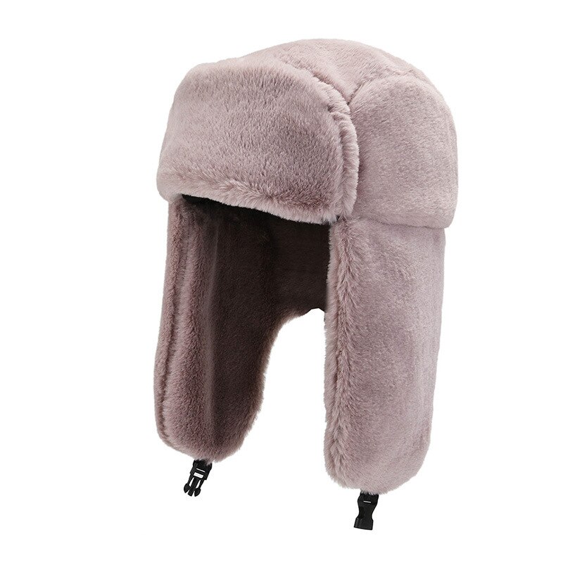 Winter Outdoor Riding Ski Hat With Earmuffs Thick Warm Soft Plush Faux Rabbit Fur Cap Women Windproof Russian Bomber Hat: Dark Pink