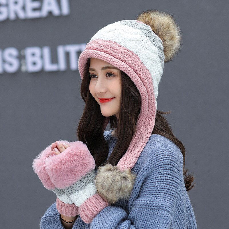 Chapéu feminino e luvas conjunto para mulher chapéu de inverno de lã kitted chapéus para mulher chapéu conjunto de luvas gorro acessórios de inverno