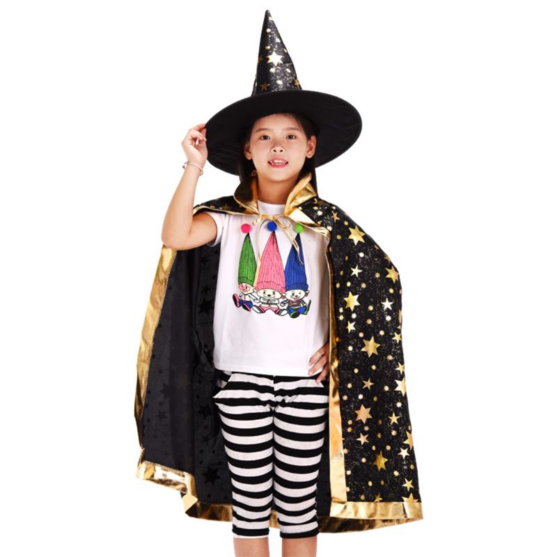 Unisex Kinderen Bronzing Glitter Star Print Wizard Heks Kostuum Halloween Mantel met Puntige Hoed Kids Cosplay Cape Party Props