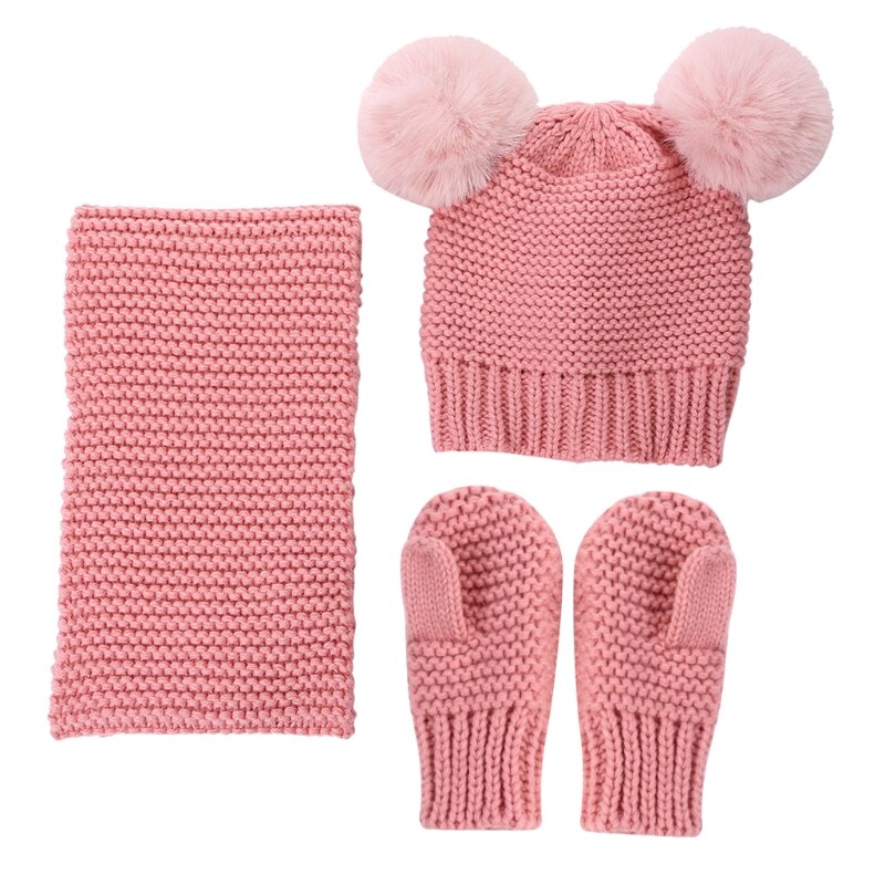 Baby børn vinter hat tørklæde og handsker 3 stk / sæt piger strikket varm beanie cap med halstørklæde cirkel loop tørklæde hæklet hat: Lyserød