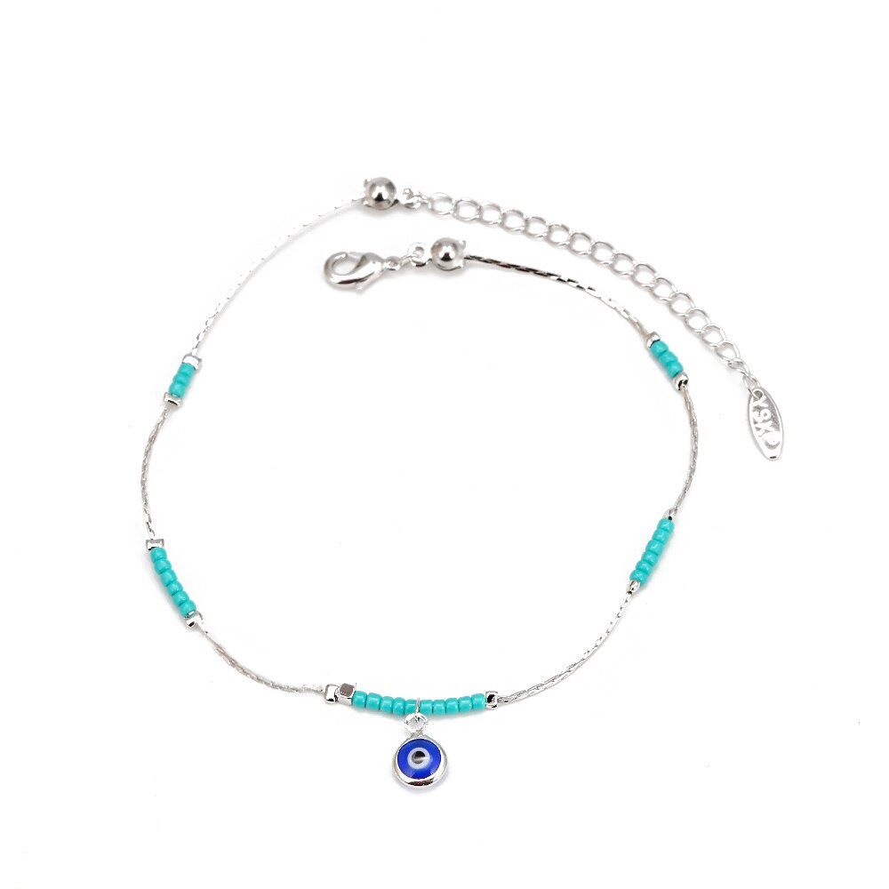 EVIL EYE Miyuki Bead Turkish Eye Charm Anklet Gold Silver Color Foot Chain Ankle Bracelet Adjustable Jewelry for Women BD320: silver color
