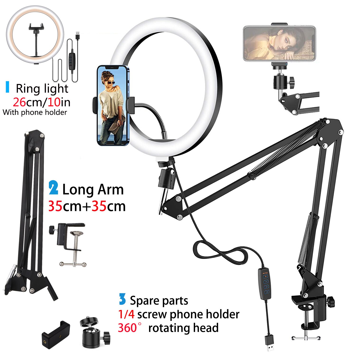 LED Selfie Ring Licht Mit Lange Arm Kreis Füllen Licht Dimmbar Runde Lampe Stativ machen-hoch Fotografie RingLight Telefon Ständer Halfter: 10in hell