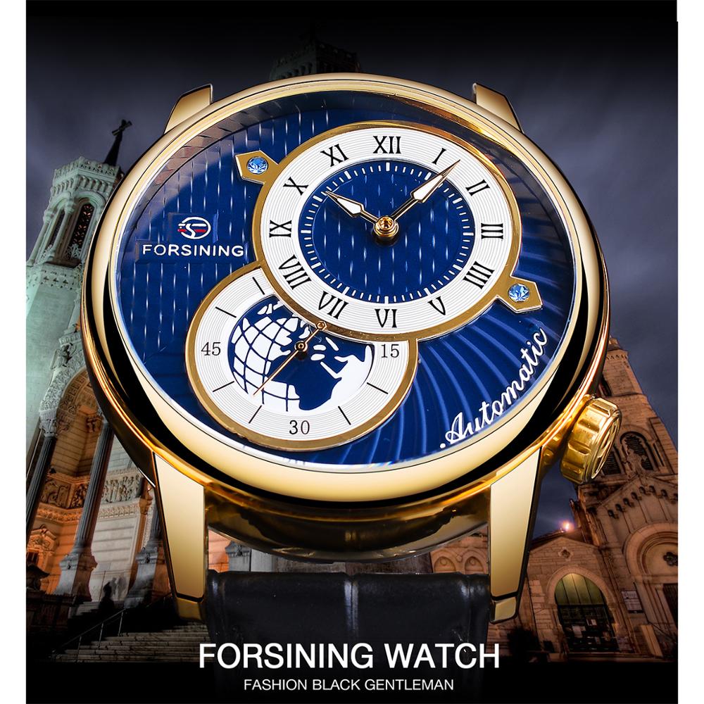 Forsining Halfrond Dial Automatische Horloge Waterdicht Blauw Zwart Lichtgevende Hand Mechanisch Horloge Echt Lederen Band Clcok