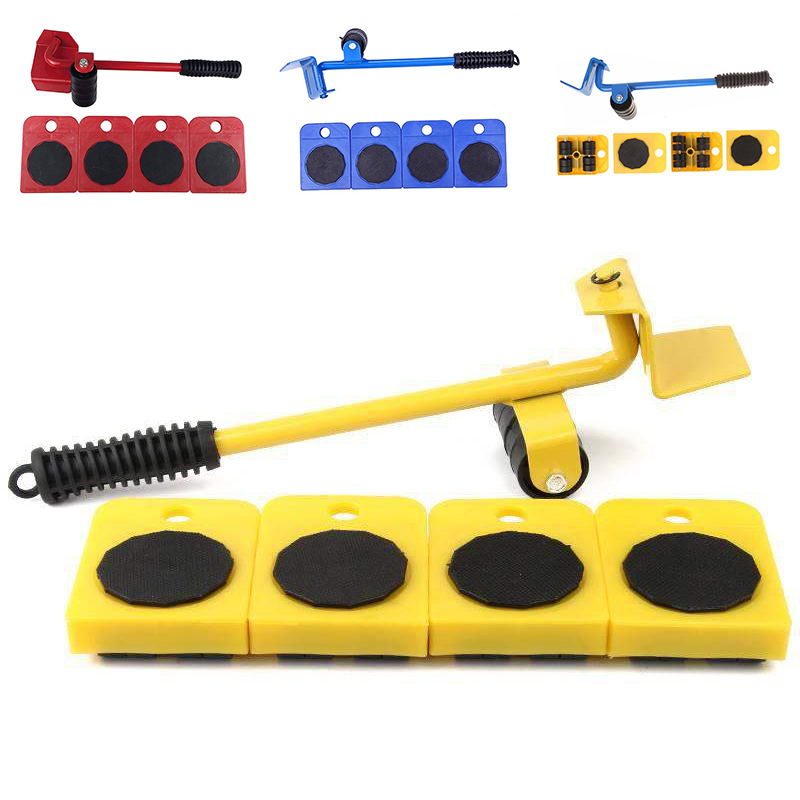 5Pcs Furniture Transport Lifter Tool Set Heavy Stuffs Moving Hand Tools Set Wheel Bar Mover Device Max Up For 100Kg/220Lbs
