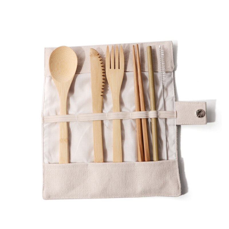 Bærbart træbestikssæt træbestik knive gafler skeer spisepinde rejser spisestue dragt miljømæssigt med taske: Beige