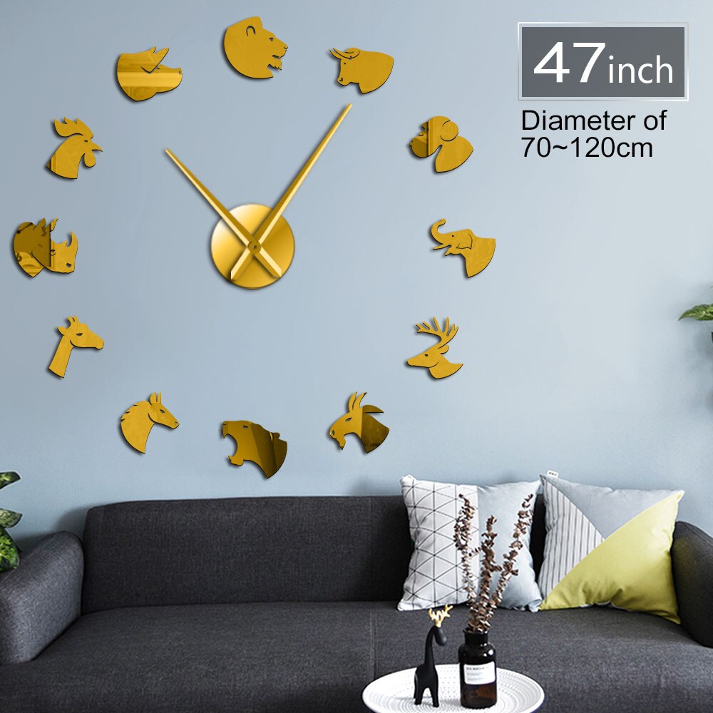 Land Animals Face Acrylic Simple DIY Wall Clock Lion Tiger Elephant Horse Animal Heads Quartz Mirror Effect Sticker Clock Watch