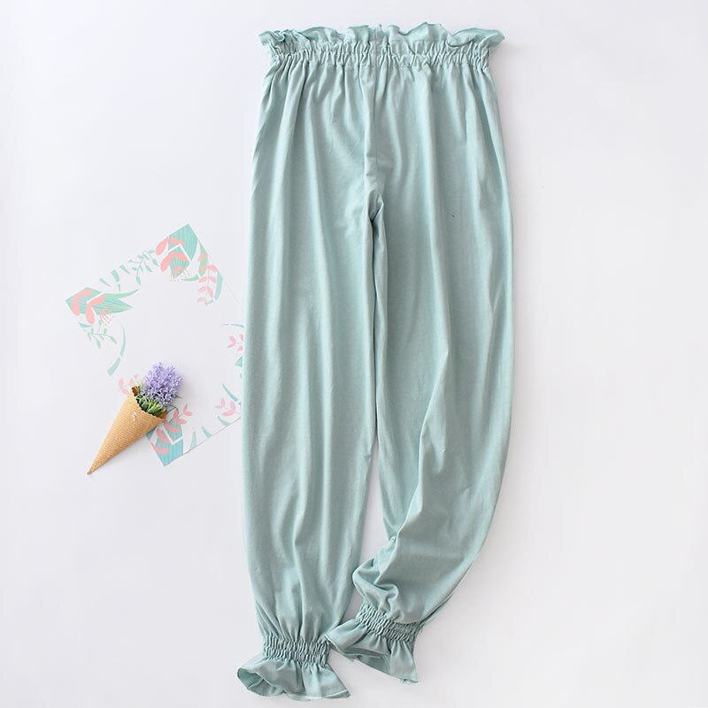 Women&#39;s Loose Pants Sleepwear Trousers Cotton Casual Elastic Waist Ruffle Long Pants Homewear Full Length Women Sleep Bottoms: C Green / M