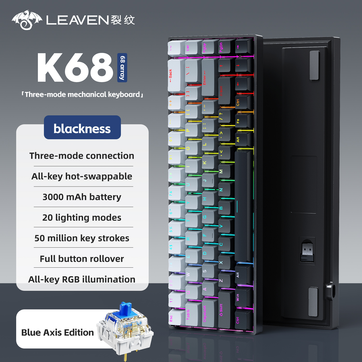 K68 68-toetsen draadloos mechanisch toetsenbord Tri-mode-verbinding, Full Key Swap, RGB-lichteffecten, pakkingdemperstructuur, L: Black / Rode schakelaar