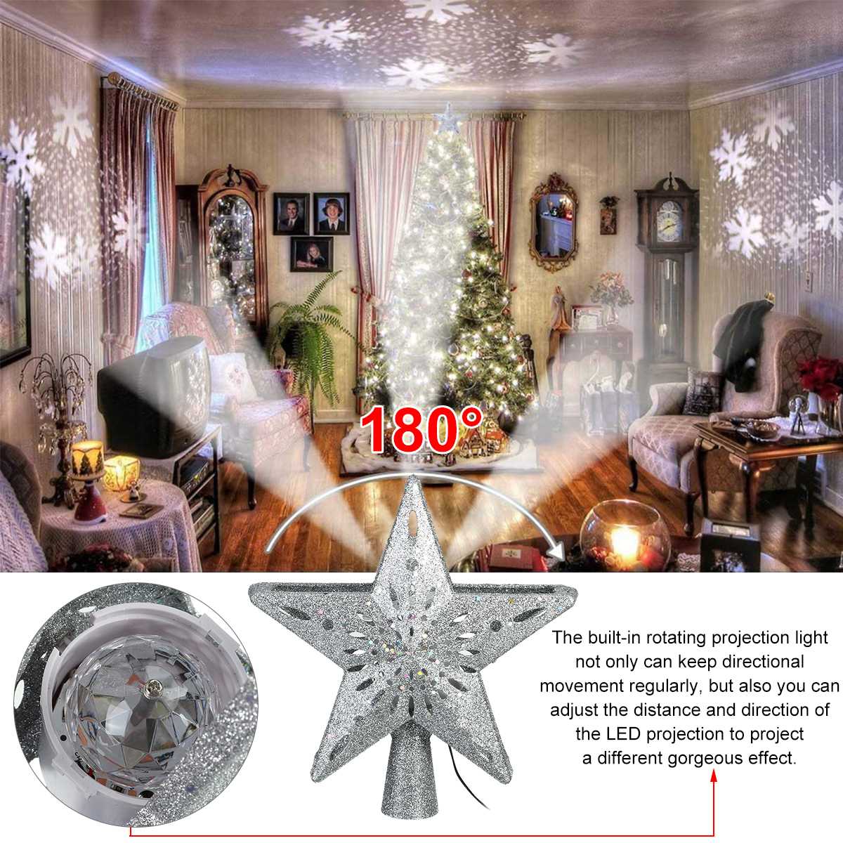 3D Glitter Star Lighted Christmas Tree Topper with Snowflake Projector Lighted Christmas Decorations for Tree EU Pulg