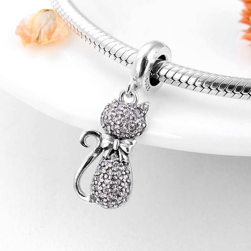 Gør-det-selv sølv charme passer til originale europæiske armbånd perler 925 sterlingsølv kærlighed dingle charms pink mousserende cz kat perle