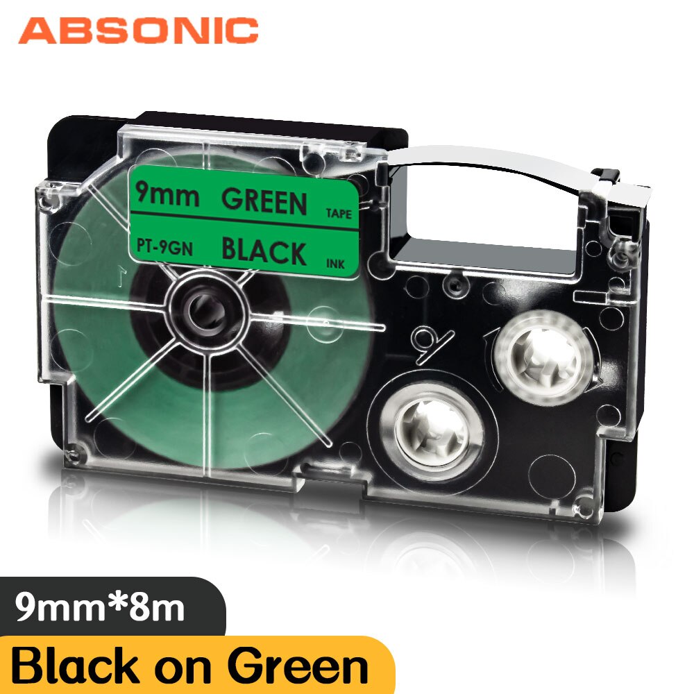 Absonic XR-9AGN biały na zielonym 9mm etykietowania taśma do obsługi Casio KL-60 KL-120 KL-130 KL750 KL780 KL820 KL-750KR KL-750B KL-750BA druku: Black on Green