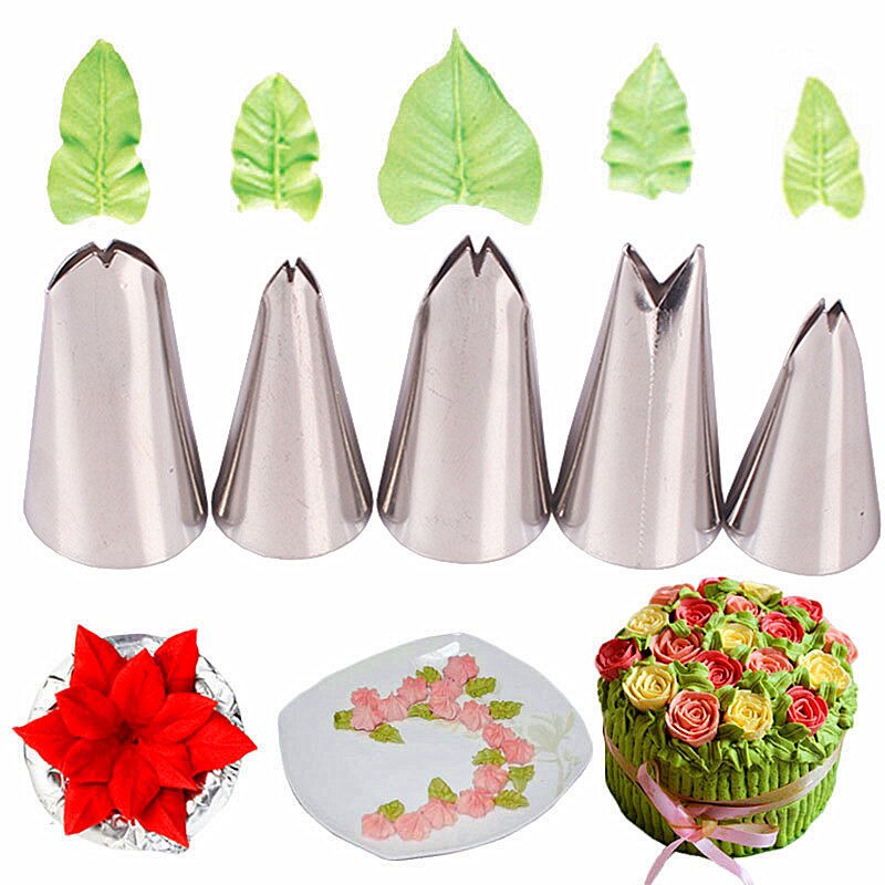 Boquillas de hojas de acero inoxidable para manga pastelera, boquillas para pastelería, herramientas de decoración para hornear pasteles, 5 uds.
