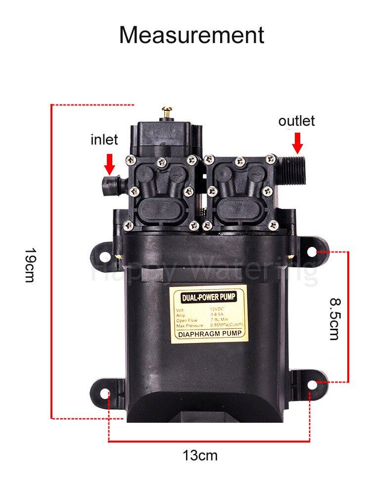 High Pressure 100W Diaphragm Water Pump 12V Double Head 0.85Mpa Electric Sprayer Pump 8L/MIN Flow