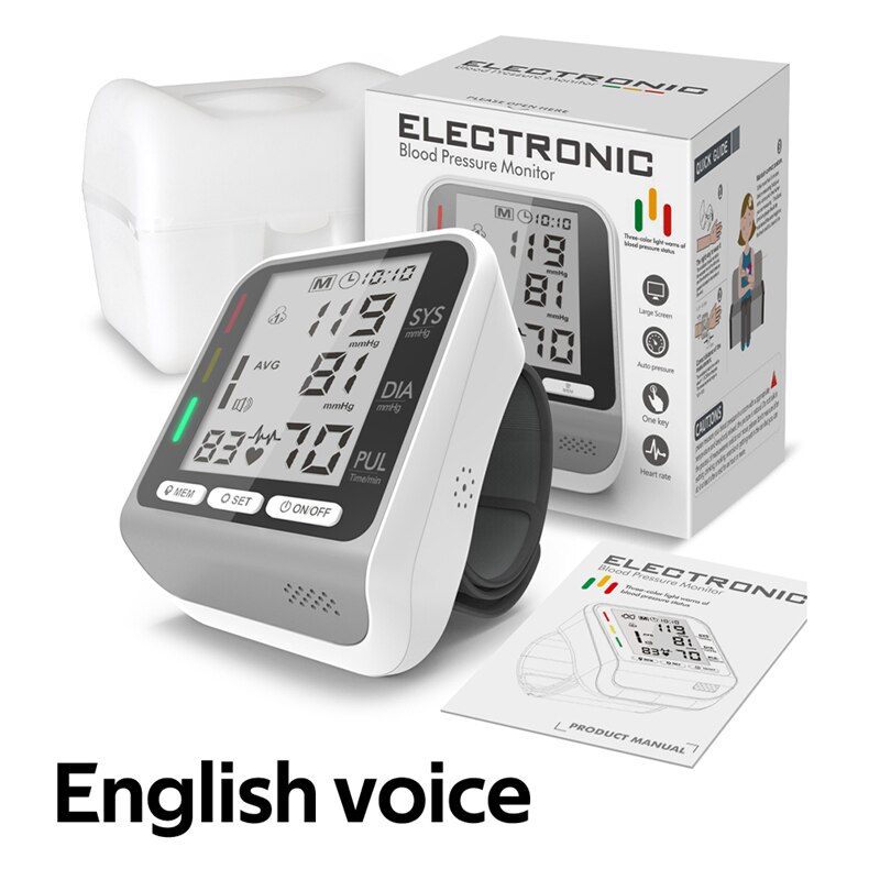 Pols Mini Bloeddrukmeter Elektrische Bloeddrukmeter Digitale Hartslag Tonometer Arteriële Tensiometer Monitores Bloeddruk: Voice-white