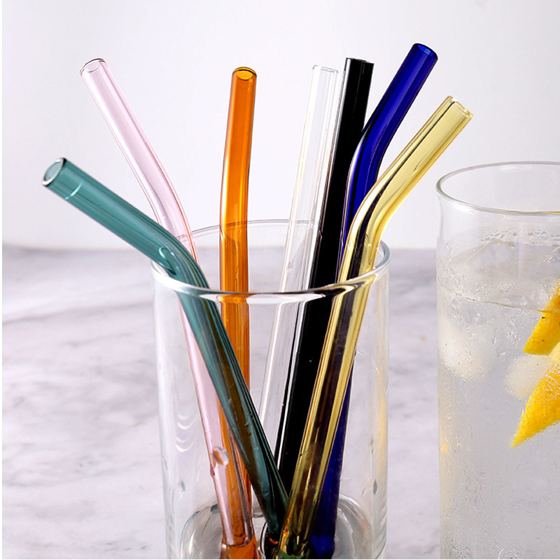 8Pcs Colorful Reusable Bent &amp; Straight Glass Straws 8mm Glass Drinking Straw for Smoothies Beverages Shakes with Cleaning Brush