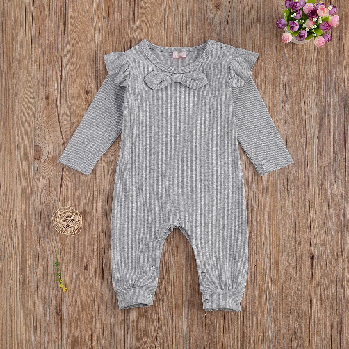 Baby Baby Meisjes Effen Kleur Geribbelde Jumpsuit Peuter Jongen Meisje Lange Flying Mouwen Boog Geribbelde Romper Strikje Knop Broek