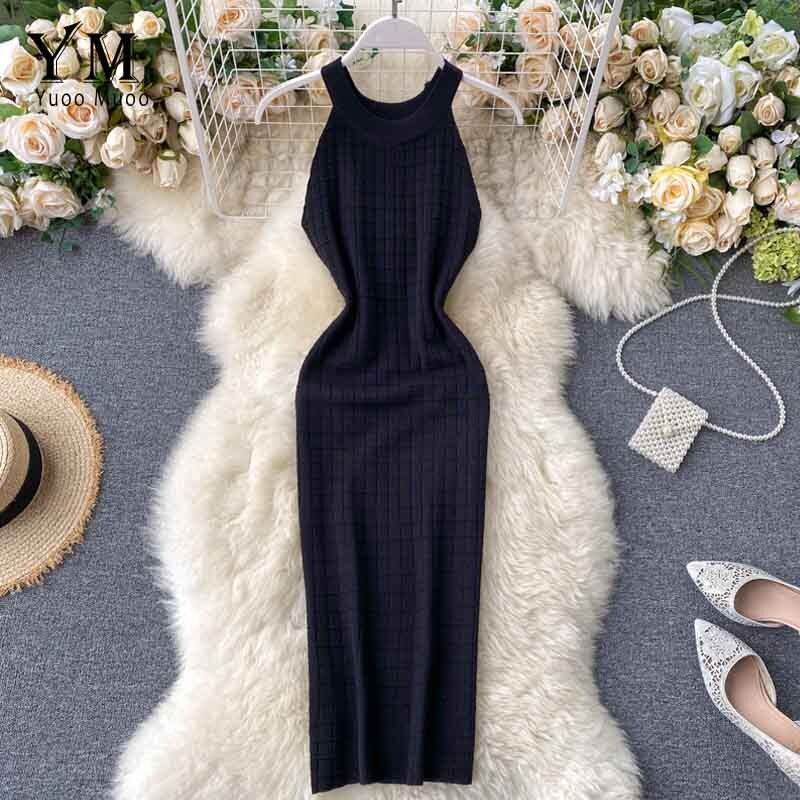 YuooMuoo-robe moulante, à la pour femmes, col licou, en tricot, sans manches, Streetwear, nouveauté pour l'été: Black