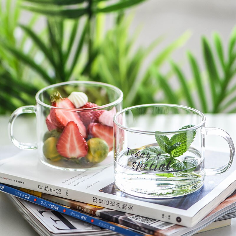 Taza de agua de cristal resistente al calor con mango parte inferior plana se puede calentar transparente para el desayuno en casa Vaso de Leche de cóctel