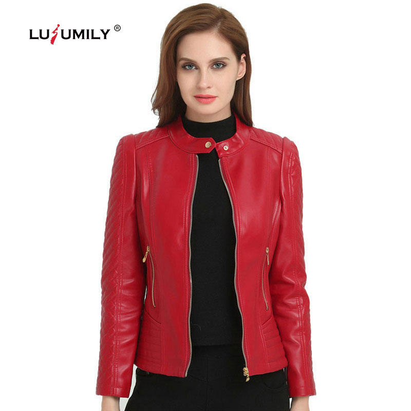 Lusumily Plus Size 6XL Leather Jacket Women Pu Leather Coat Stand Collar Shirt Outwear Red Motorcycle Jackets Female
