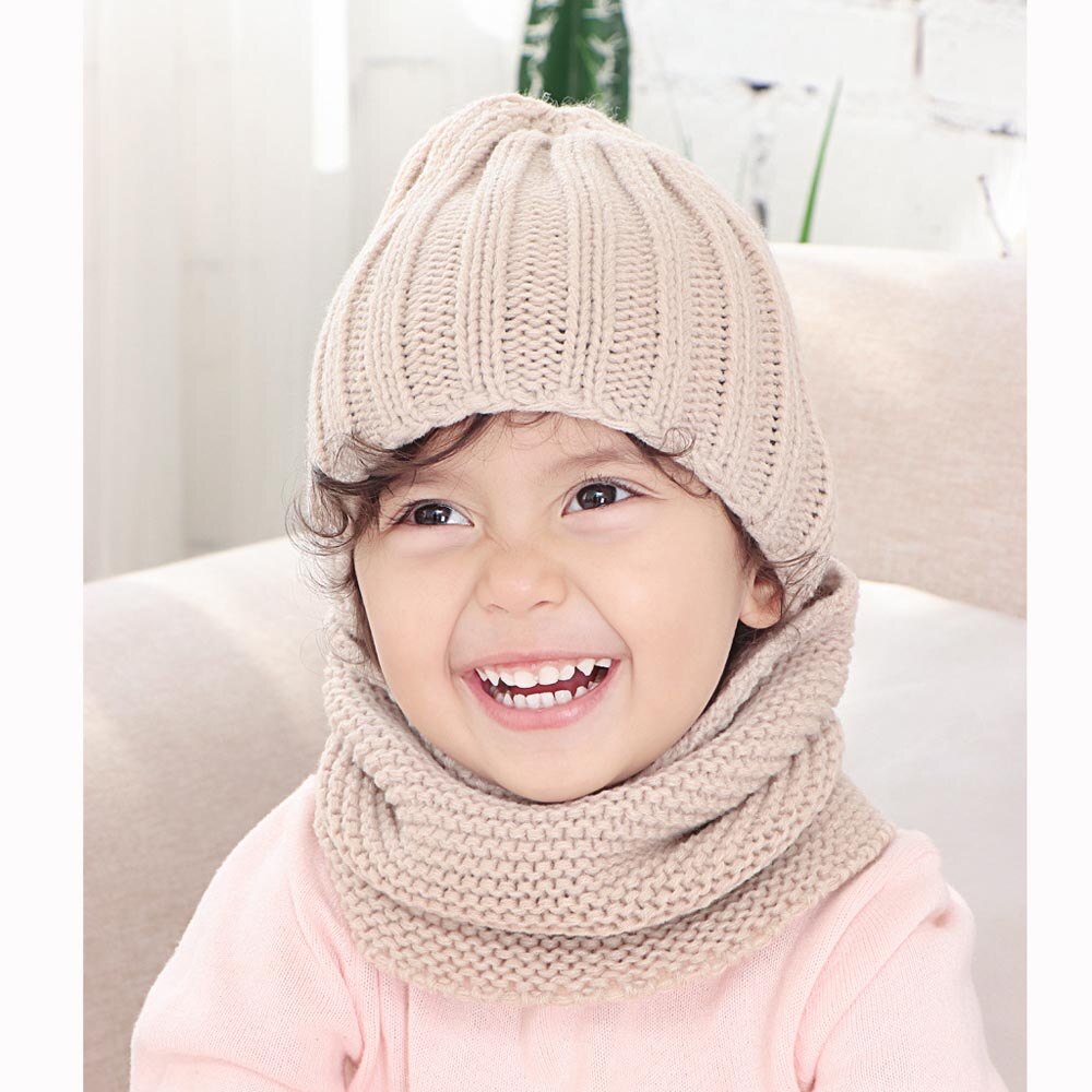 Kindermuts warme gebreide muts sjaal 2- delige set wintermuts sjaals kinderwintermuts voor jongens meisjes: Beige