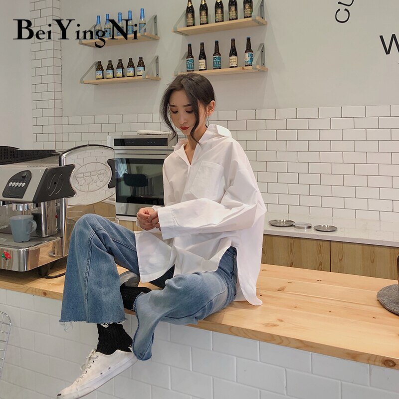 Beiyingni Frühling Herbst Frauen Hemden Weiß schlicht verlieren Übergroßen Blusen Weibliche Spitzen verlieren BF Koreanische Stil Blusas Taschen