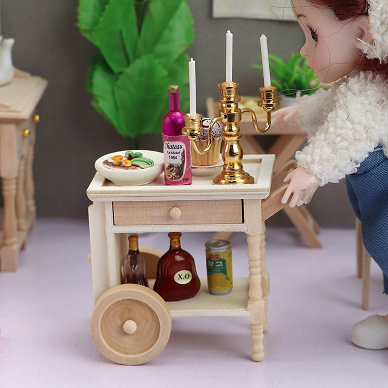 1:12 Dollhouse Miniatuur Restaurant Keuken Trolley Dining Winkelwagen Twee Lagen Houten Meubels Pop Decor Speelgoed