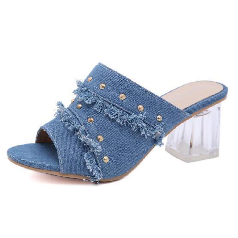 Denim Stud transparent high heels 5cm shoes women slippers peep toe jeans rivet slingback sandals slip on femmes sandalias C867: Blue / 40