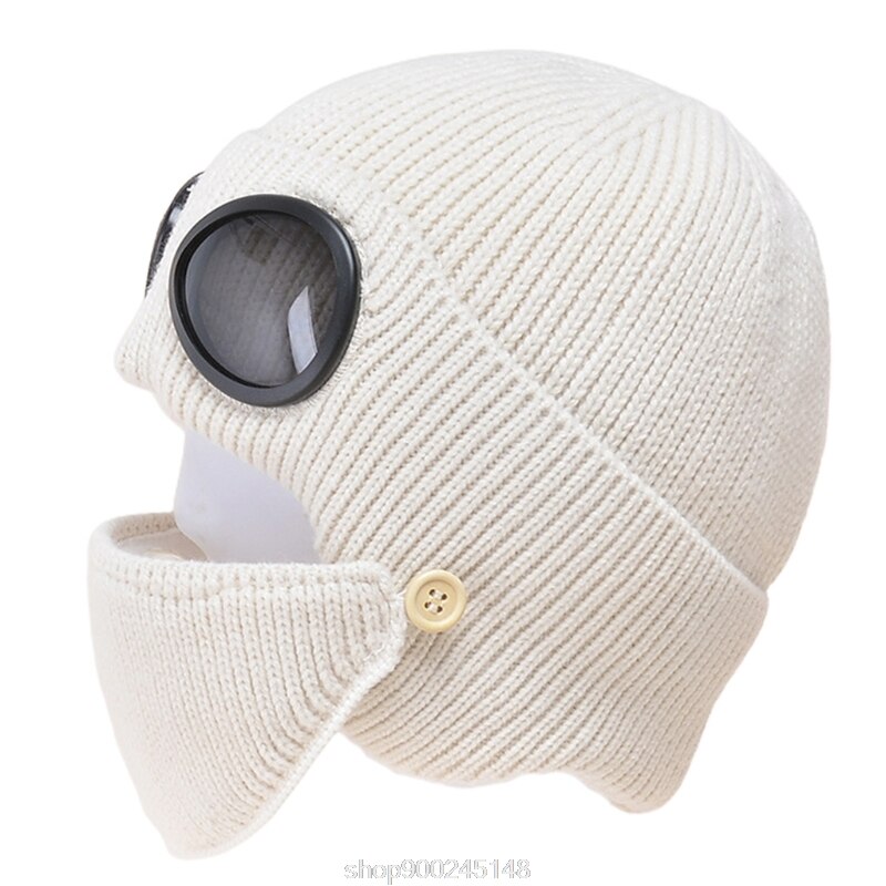 2 In 1 Ribbed Knit Beanie Hat Mouth Mask Set Warm Windproof Snow Cuffed Earflap Cap with Glasses Goggles N03 20: Beige