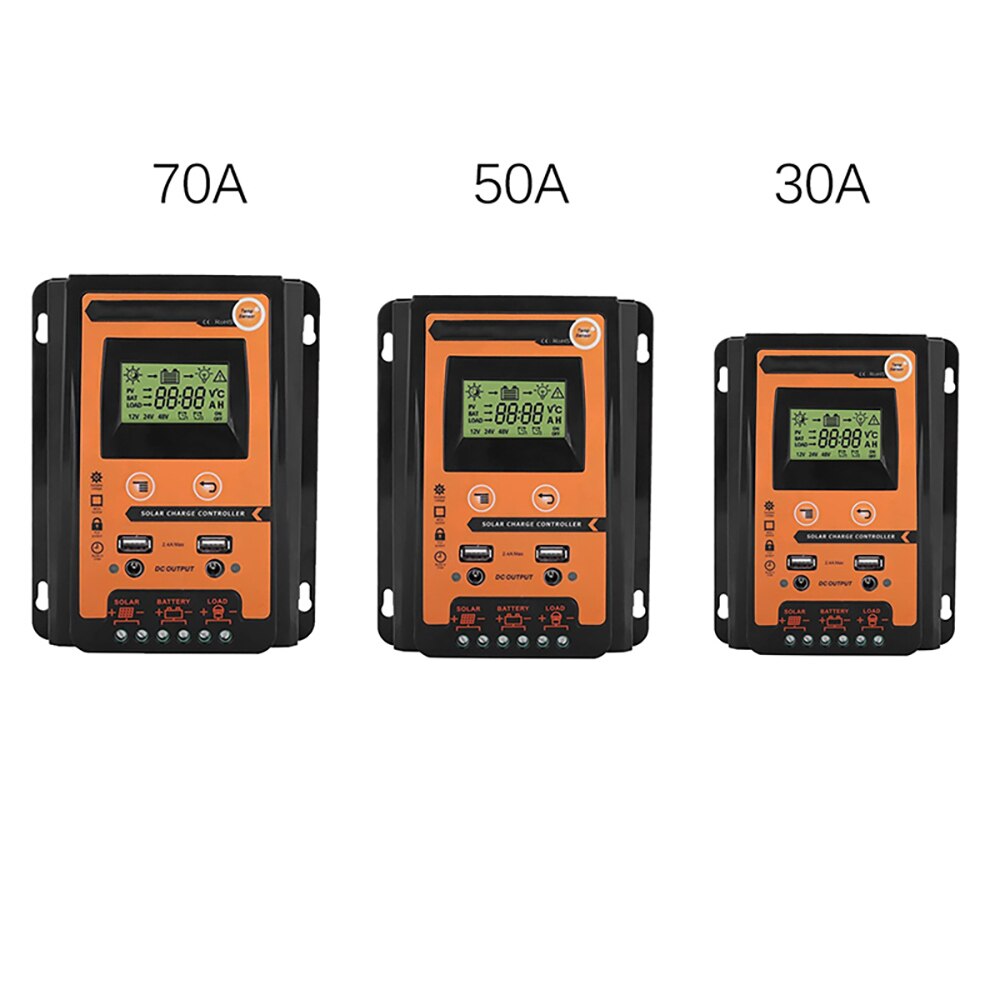 Controlador de carga Solar 30A 50A 70A MPPT PWM, 12V 24V, doble USB, regulador Solar con LCD grande, controlador de batería PV, temporizador de carga