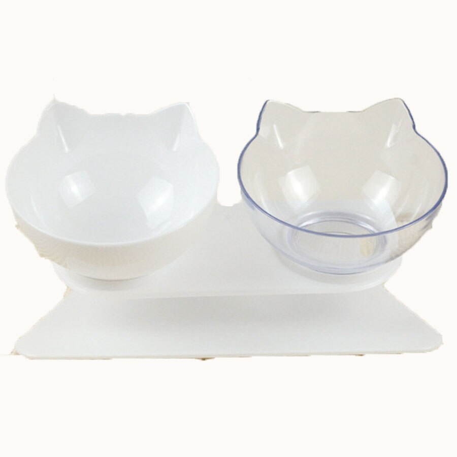 Non slip Double Cat Bowl with Raised Stand Pet Food Cat feeder Protect Cervical Vertebra Dog bowl Transparent Pet Products: White x Transparent