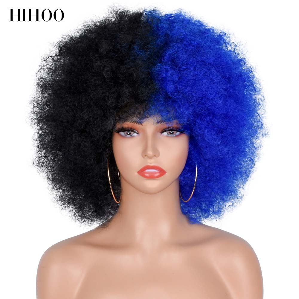 Peluca Afro rizada de pelo corto con flequillo para mujer, peluca sintética rosa para Cosplay, color negro, azul, rojo y marrón para Halloween: P12 / 613