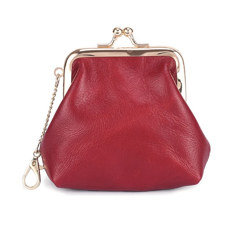 Portable Leather Coin Card Key Ring Wallet Pouch Mini Purse Kiss-Lock Change Bag X7YA: Wine Red L