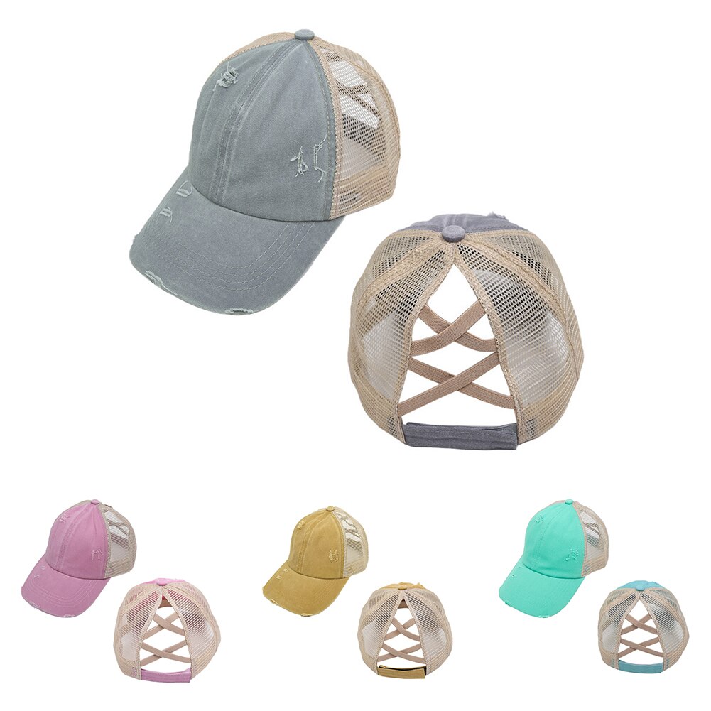 Trou casquette de Baseball réglable unisexe Sports de plein air maille été voyage autocollant magique soleil chapeau Criss croix queue de cheval décontracté