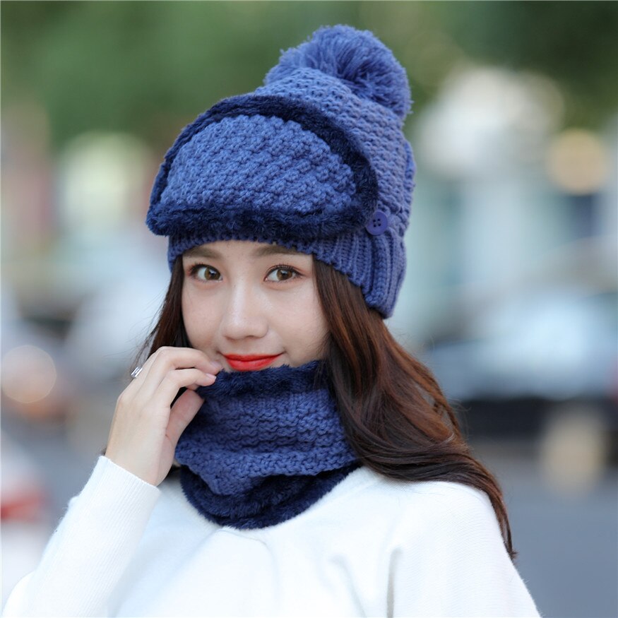 Håndstrikkede hatte kvinders hat vinterkold hatdragt koreansk varme hatte kombination: Blå