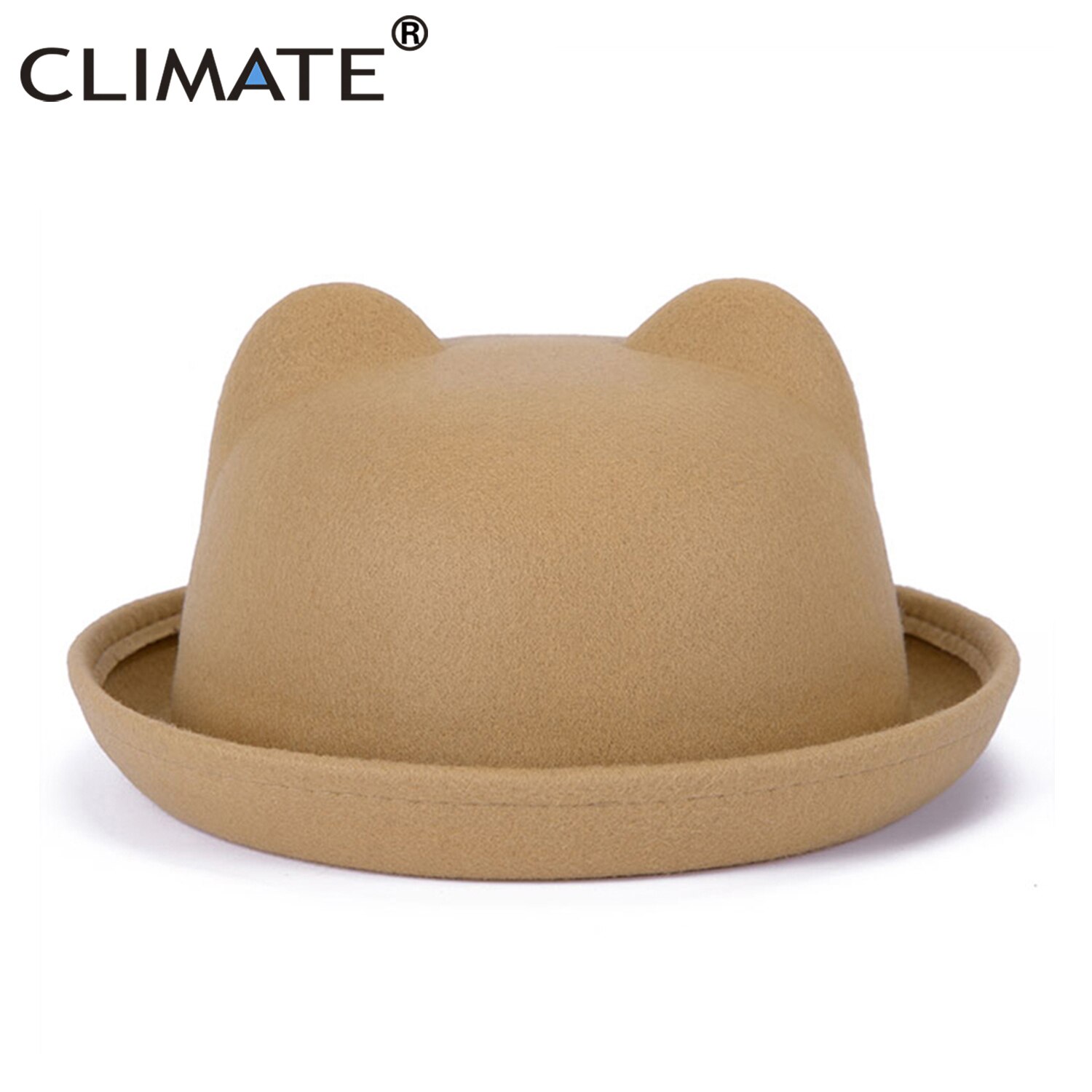 CLIMATE-Sombrero de fieltro con orejas de gato para mujer, sombrero de lana de poliéster, bonito, a la: Camel