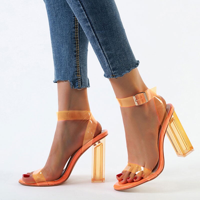 Neon Green PVC Transparent Sandals Women Open Toe Shallow Chunky High Heels Sandals Women Clear Heed Transparent Sandals Shoes