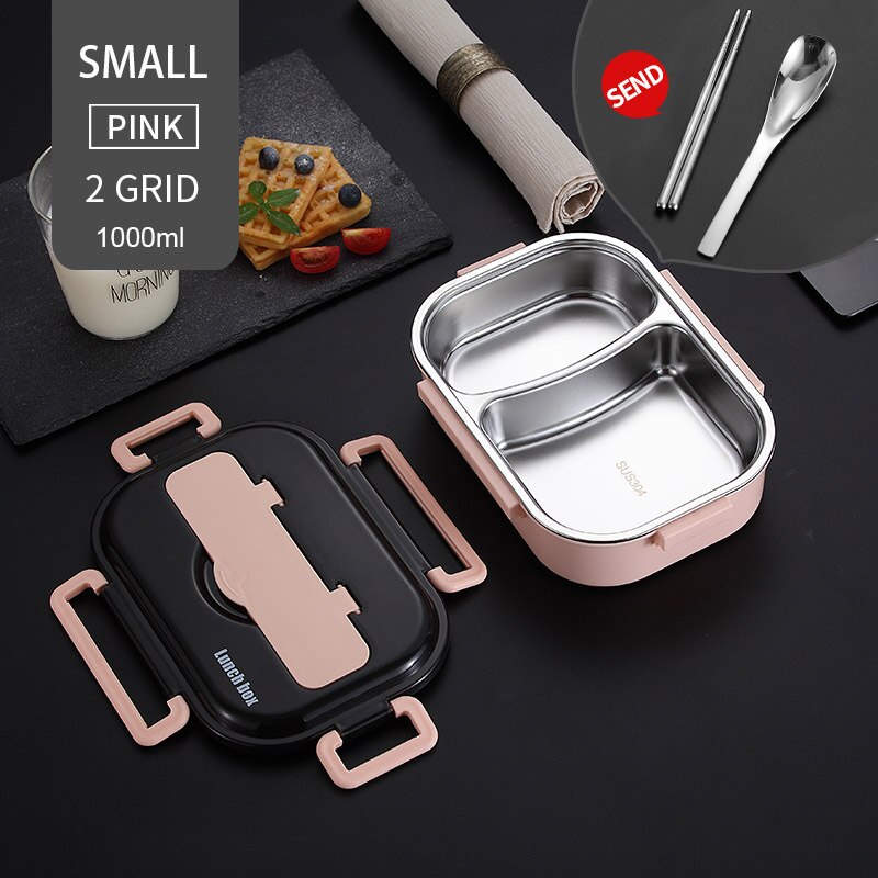 304 Roestvrij Staal Lunchbox Japanse Bento Doos Met Compartimenten Voor Kinderen Magnetron Voedsel Container Met Servies Set: 1000ml 2 Grid Pink
