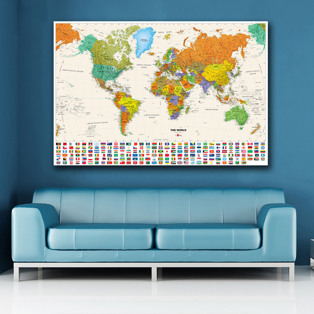 Kleurrijke Wereld Reizen Kaart Met Nationale Vlag Poster Size Wanddecoraties Grote Kaart Van De Wereld 60X80Cm waterdichte Canvas Kaart