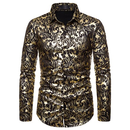 Männer Paisley Gold glänzend drucken Kleid Hemden Luxus -Geschmack schlank passen Stilvolle Hemd Männer Hochzeit Partei Bankett Hemd: Schwarz / uns Größe S