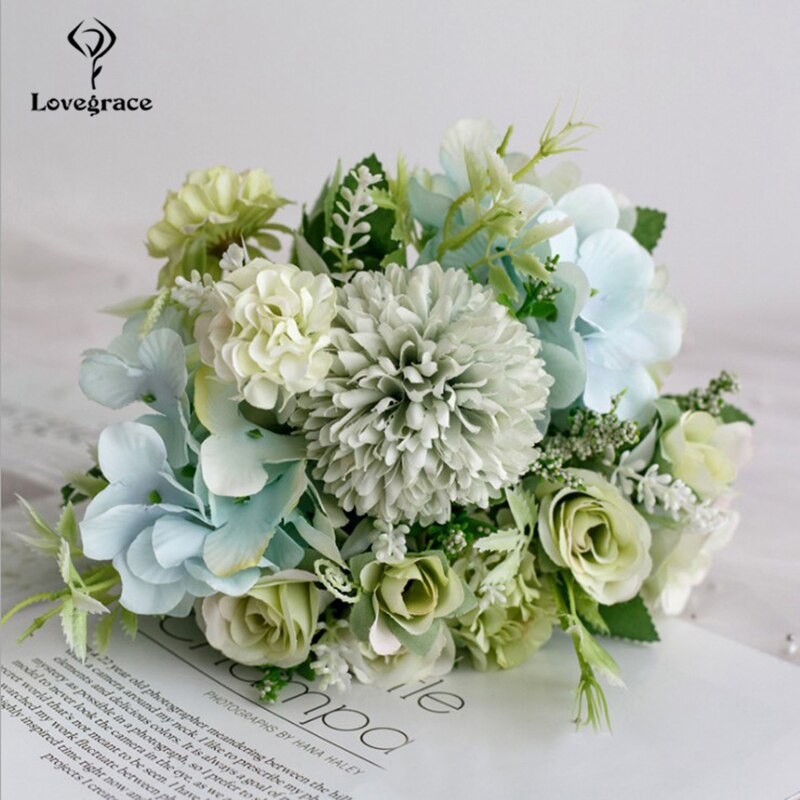 Bouquet de mariage Lovegrace soie artificielle Rose pivoine fleur mariée Bouquet Rose hortensia pompon bourgeon vanille épi fourniture de mariage: rose-green