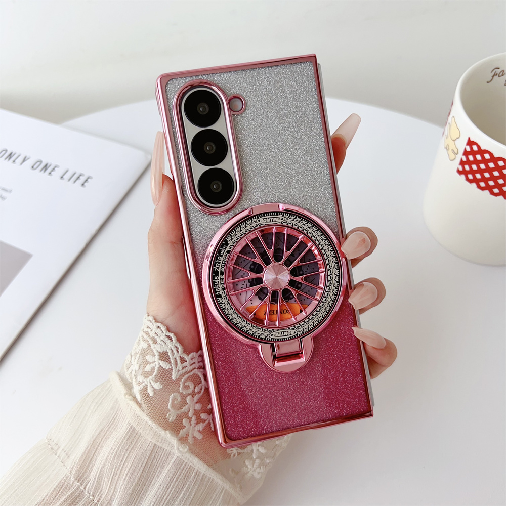 Étui de luxe avec support de toupie pour Samsung Galaxy Z Fold 6 5 4 3 ZFold6 ZFold5, couvercle magnétique Magsafe dégradé de paillettes: Aluminium / Rouge