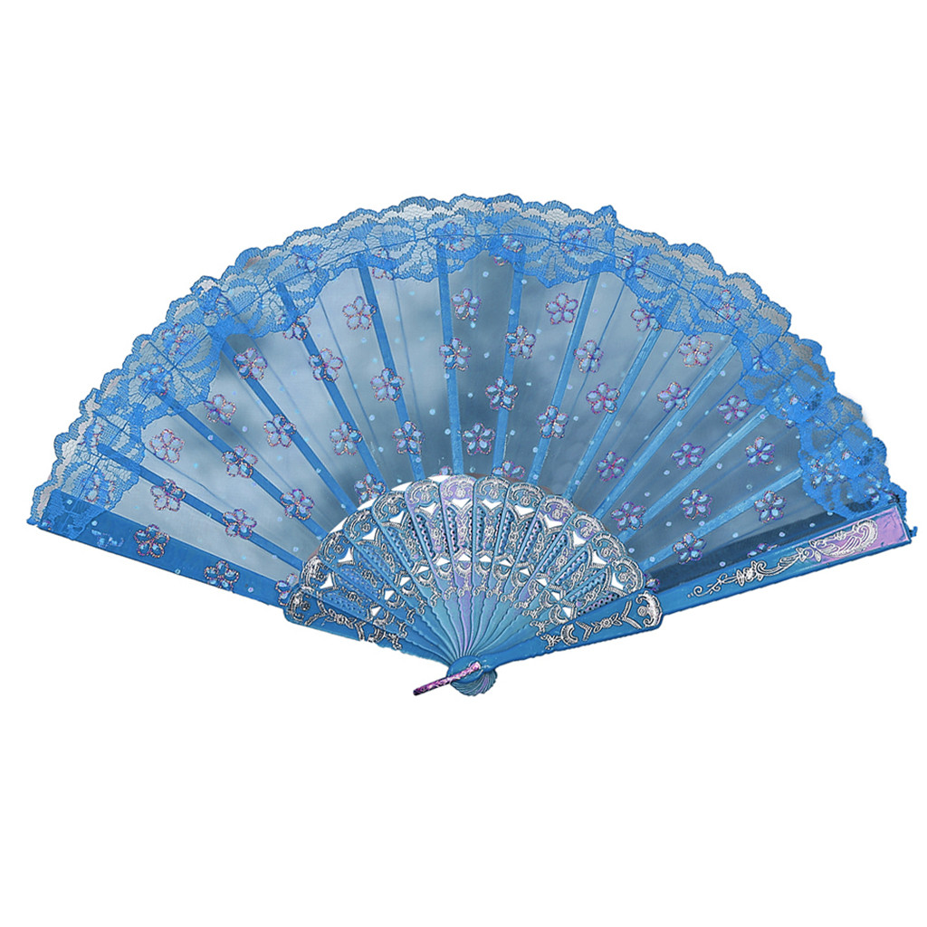 Flores de papel tipo ventilador, abanicos de seda de encaje plegables, estilo chino, para baile, boda, ,: Azul cielo